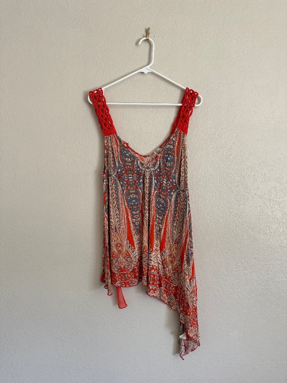 Free People Orange Paisley Boho Tank Crochet Strap Asymmetrical Hem Size M